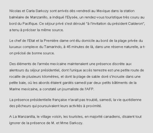 Extrait dépêche AFP sur séjour Sarkozy-Bruni au Mexique Extrait dépêche AFP sur séjour Sarkozy-Bruni au Mexique
